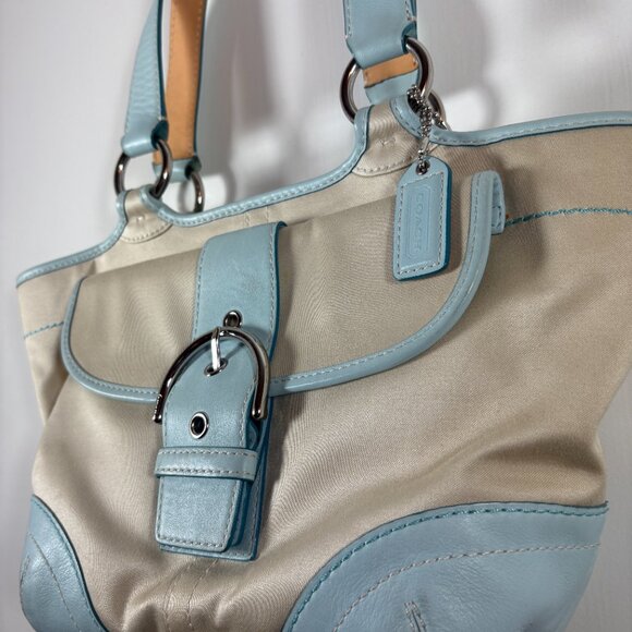 COACH | Light Blue Leather & Cream Canvas Satchel Tote | Y2K Vintage | RARE - Picture 3 of 10